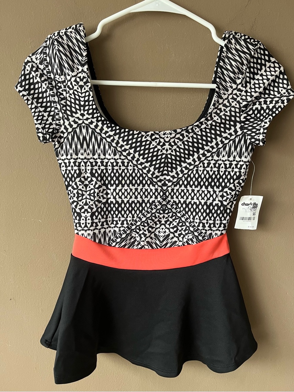 Geometric Black & White Patterned Top with Coral Waistband New with Tags